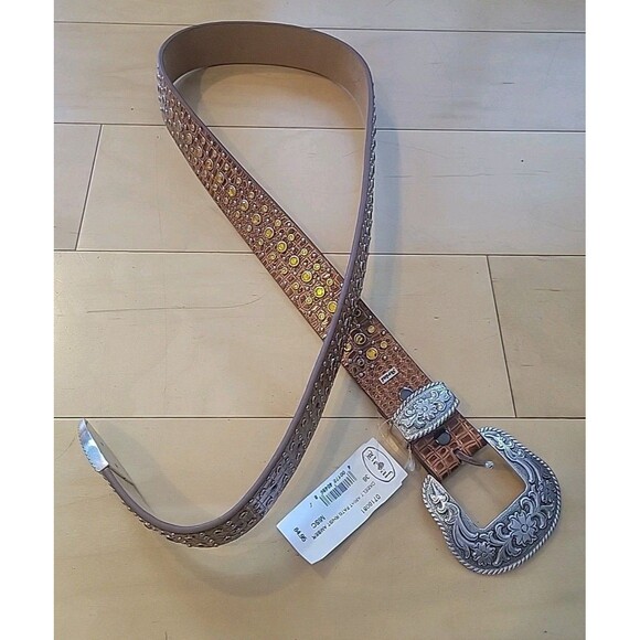 NWT Ariat Western Leather Belt Size 36 Silver Engraved Buckle Yellow Rhinestone main image 5